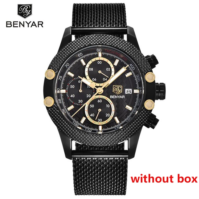 black gold Benyar мужские часы черные мужские кварцевые часы лучший бренд класса люкс водонепроницаемые мужские стальные спортивные наручные часы Мужские часы золотые Saat - Цвет: black gold