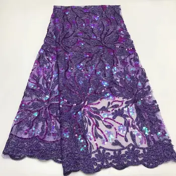 

Purple Gold Line African Lace Fabric 2019 High Quality Lace 3 D Flowers Embroidery Tulle Lace Fabric Nigerian Sequins Lace