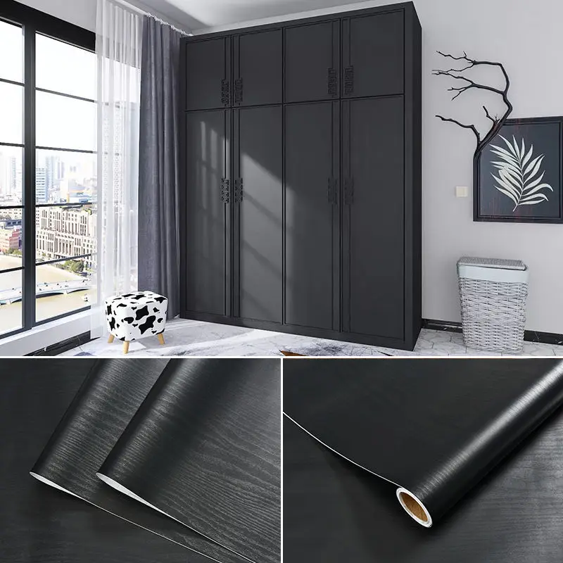 Wood Stripe Black Wallpapers in Rolls PVC Self Adhesive Decor Contact Paper Cabinet Desktop Modern Furniture Decorative Stickers