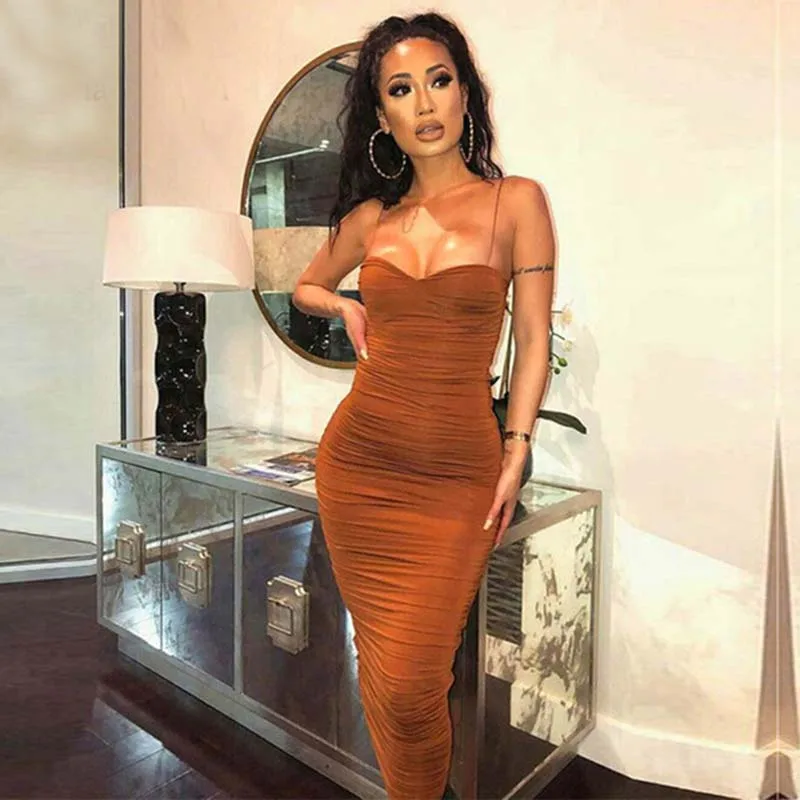 

2 Layers Summer Dress Women Pleated Long Dress Sexy Spaghetti Straps Ruched Booty Party Dress Brown Vestidos Bandage Robe Femme