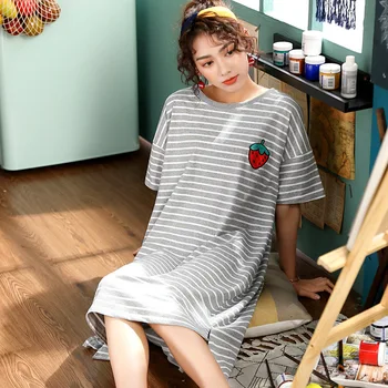 

Sexy Nightwear Women Sleepwear Summer Sleep Tops Short-sleeve Round Neck Stripe Skirt Printed Plus Size Sexy Nightwear Robe Sets