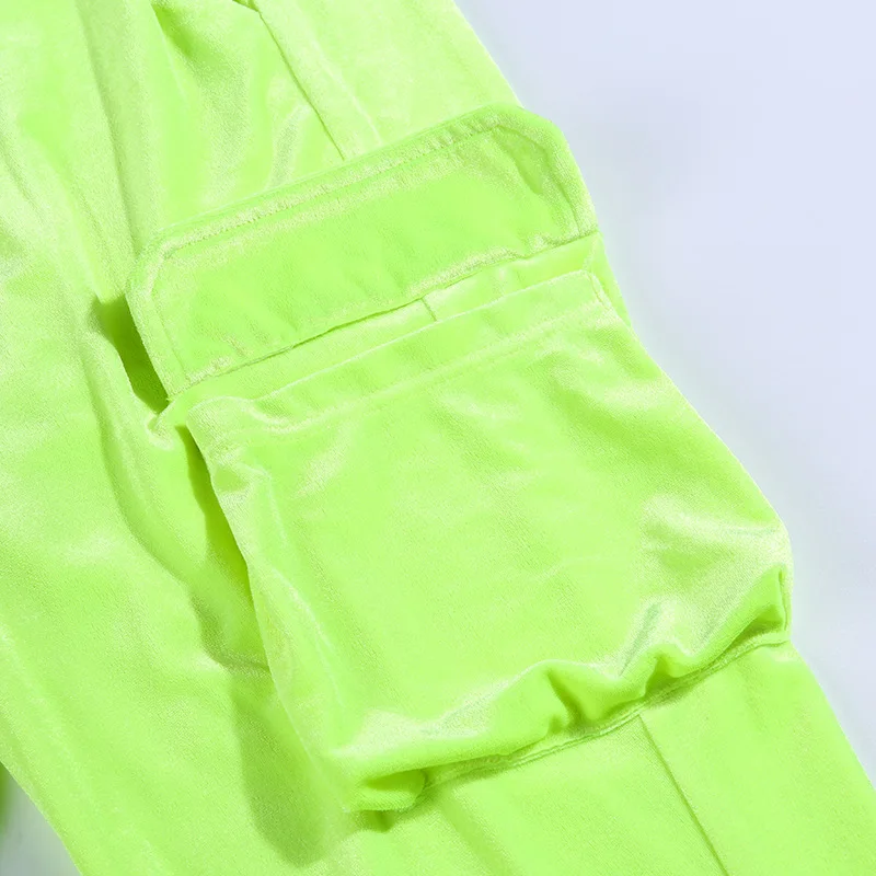 Неоновый зеленый комплект из двух предметов, бархатный укороченный свитер с капюшоном и спортивные штаны, комплект из двух предметов, Осенняя спортивная одежда, комплект из двух предметов
