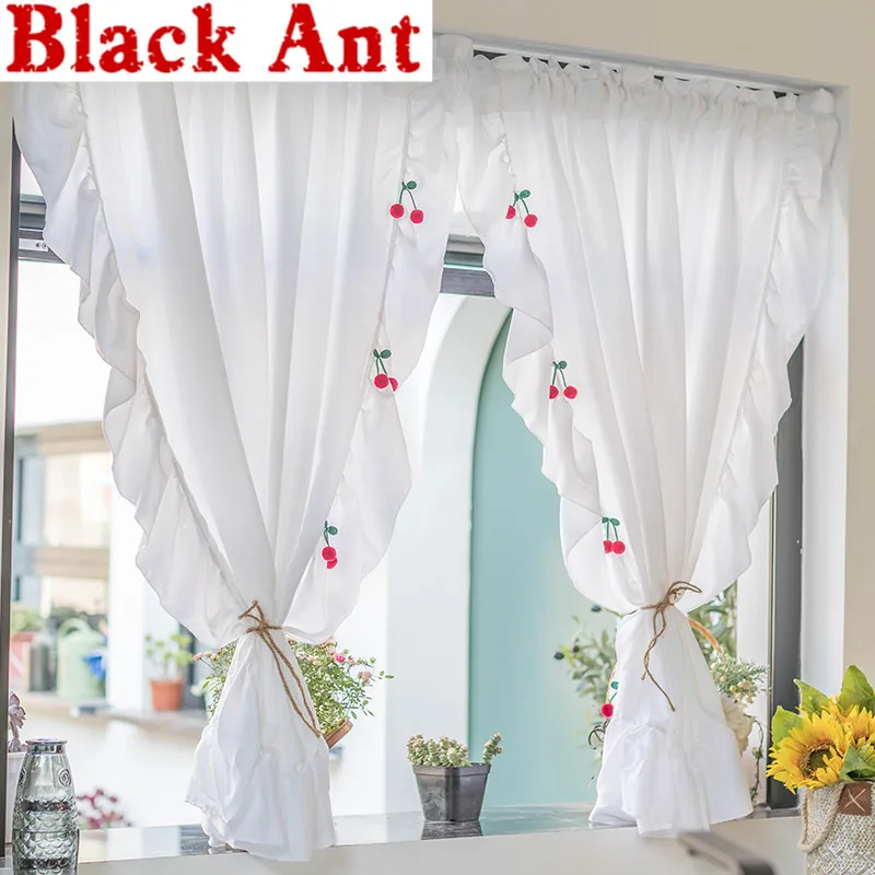 White Sheer Curtain Ruffle For Living Room Kitchen Cabinet Window Drapes Cute Cherry Kids Bedroom Tulle Rod Pocket | Дом и сад