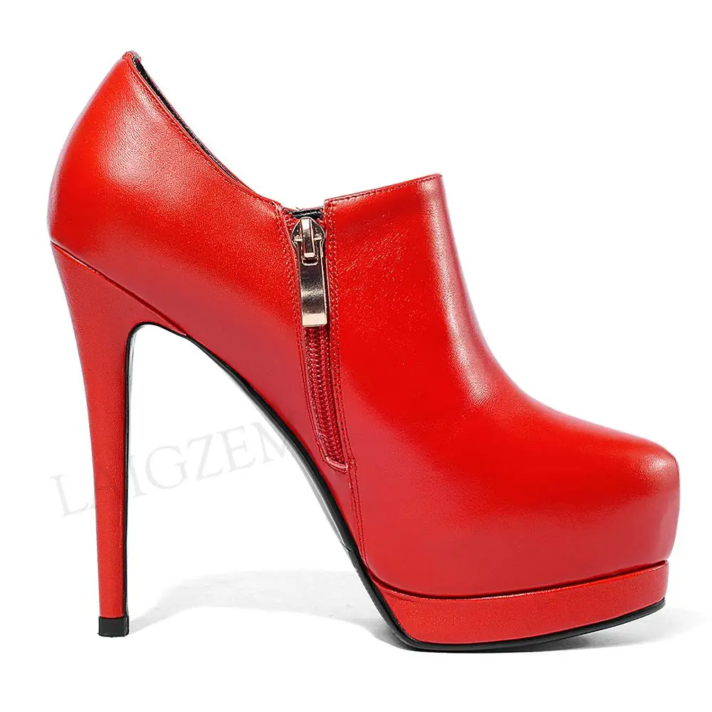 

LAIGZEM Top Quality Boots LEATHER Closed Toe Platform Stiletto Heel Booties Ladies Shoes Woman Botines Mujer Large Size 39 41