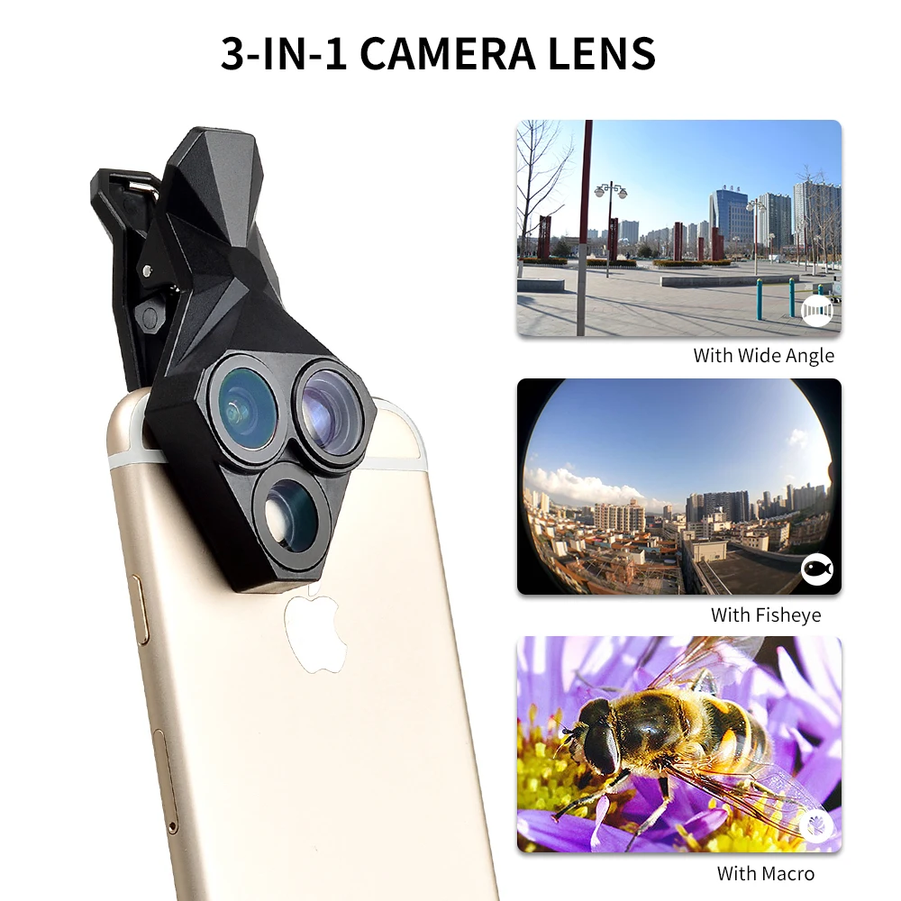 

2019 Phone Camera Lentes 3in1 Fish Eye Fisheye wide angle macro Lenses For Samsung S4 S5 S6 S7 S8 edge Note Cell phone lens Kit