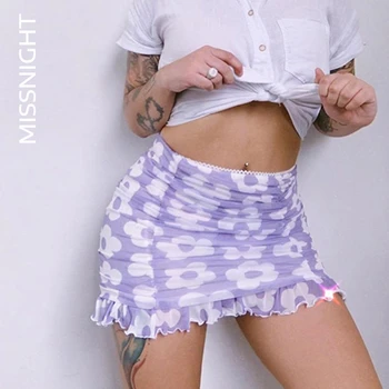 

Missnight Floral Mini Pleated Skirt Ruched Y2k Skirt Women Ruffles Bodycon Skirt Sweet High Waist Streetwear