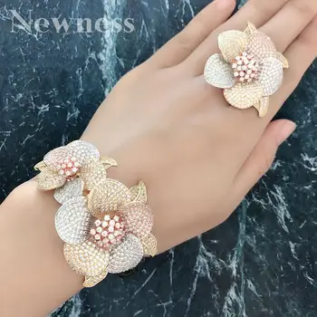 

Newness Luxury Flower Blossom KoreanBangle Ring Set Fashion Jewelry Sets For Women Wedding Engagement brincos para as mulheres