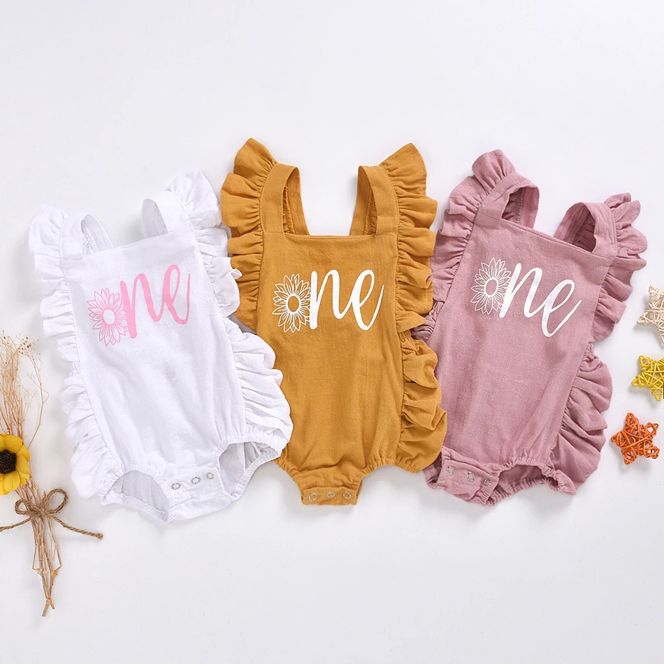 Baby Romper 1 Year Old First Birthday Ruffle Girl Clothing Summer ONE Jumpsuit Princess Infant Toddler 0-24M | Детская одежда и