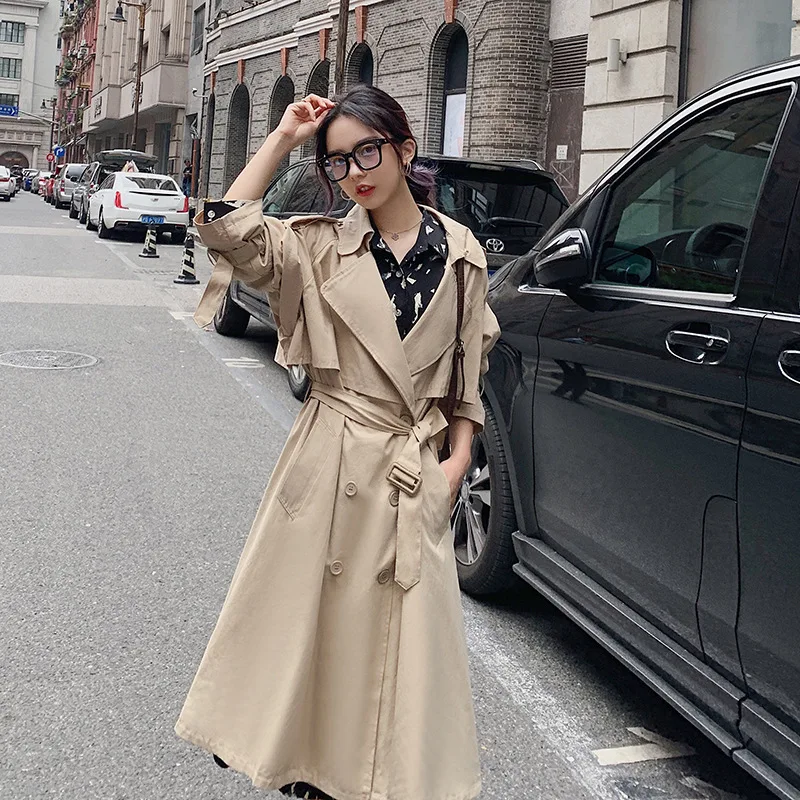 

2019 Autumn Mid-length Double Breasted Convention Solid Color Trench Coat Women's