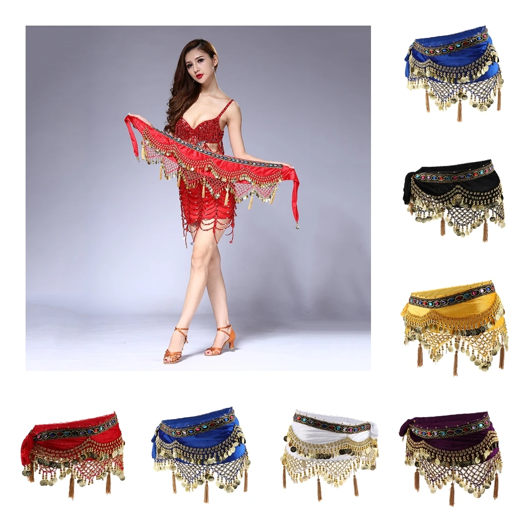 Womens Belly Dance Costume Hip Scarf Skirt Sequins Tassel Gold Coin Dancing Wrap