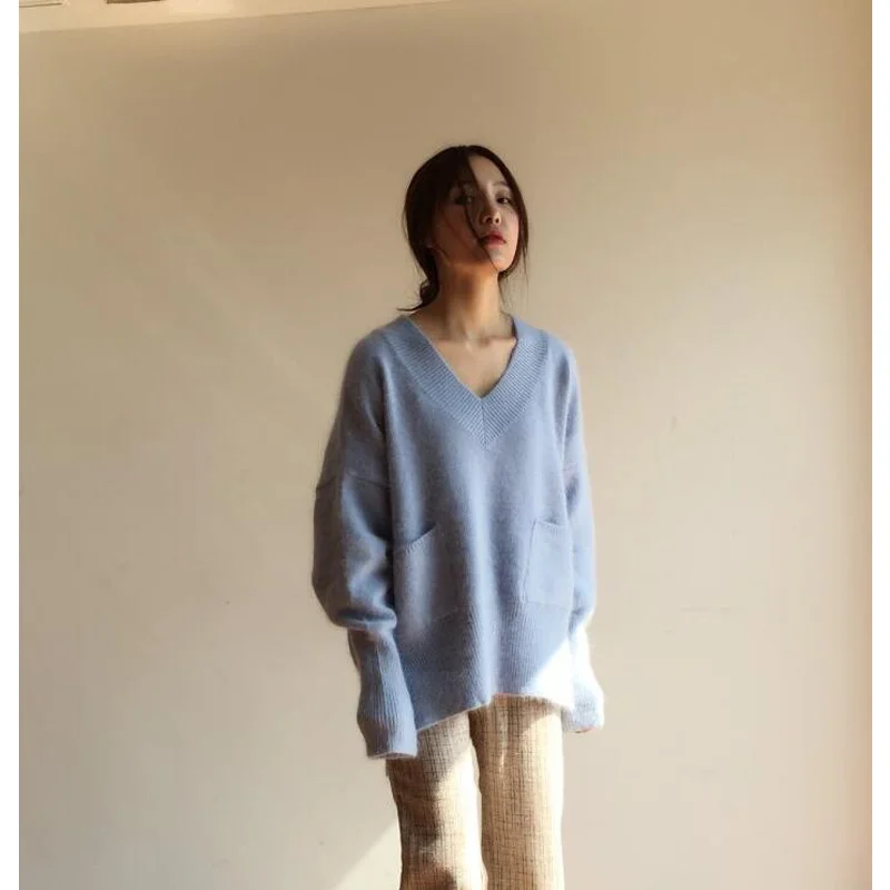 

New 2020 Autumn Winter Women Sweater Split Pullovers Fake Mink Cashmere Oversize Irregular Pockets Knitwears CL488