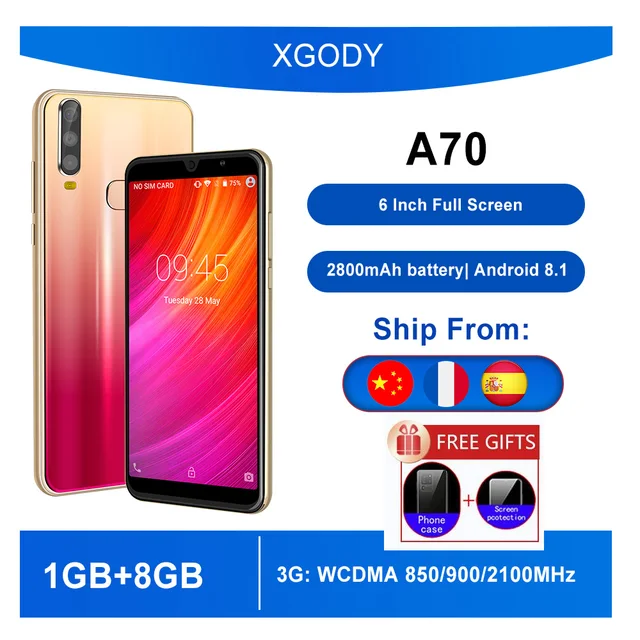 XGODY A70 Telephone 3G Smartphone Android 8.1 6" Cell Phone Full Screen 2GB 16GB Quad Core Dual 5MP Camera 2800mAh Mobile Phones 1