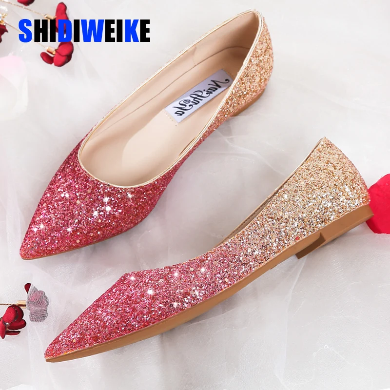 Fashion Women Flat Ballet Shoes Bling Pointed Toe Flats Shoes Elegant Comfortable Lady Shiny Flat Wedding shoes size 31-45 women loafers