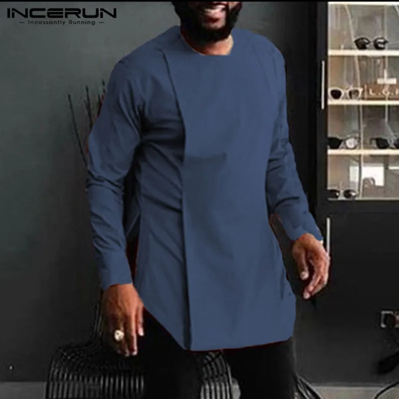 

INCERUN African Clothing Mens Shirt Solid Color Round Neck Long Sleeve Vintage Casual African Dashiki Irregular Shirt Men 2019