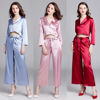 

Solid Sleepwear Sleep Set Womens Robe Pajamas Suit Spring Nightgown Shirt Pants Lounge Nightshirts Sexy Lady Loose Home Clothing