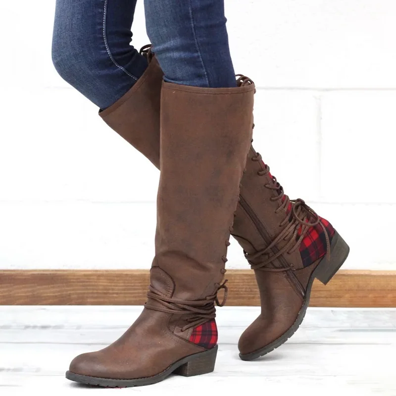 

2019 New Women Fashion Knee High Boots Shoes Autumn Winter Ladies PU Leather Round Toe Low Heels Fastened Lace Up Long Boots