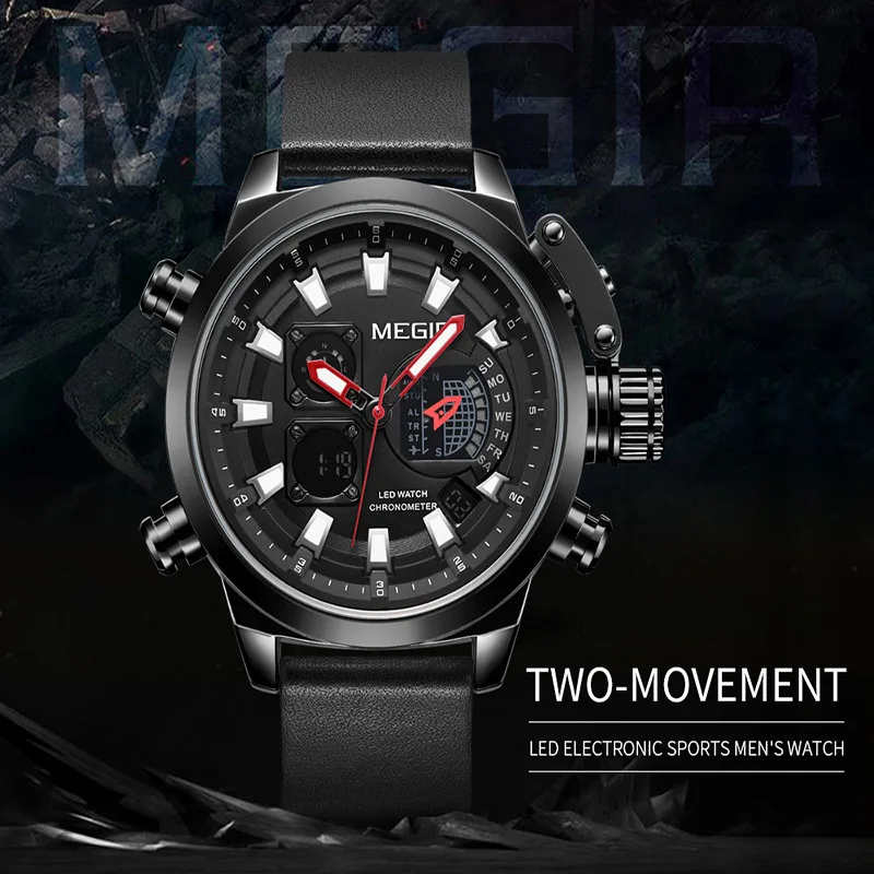 

MEGIR Men's Watch Double Display Sport Watch Men Luminous Leather Quartz Watches Date Week Clock reloj hombre Watches