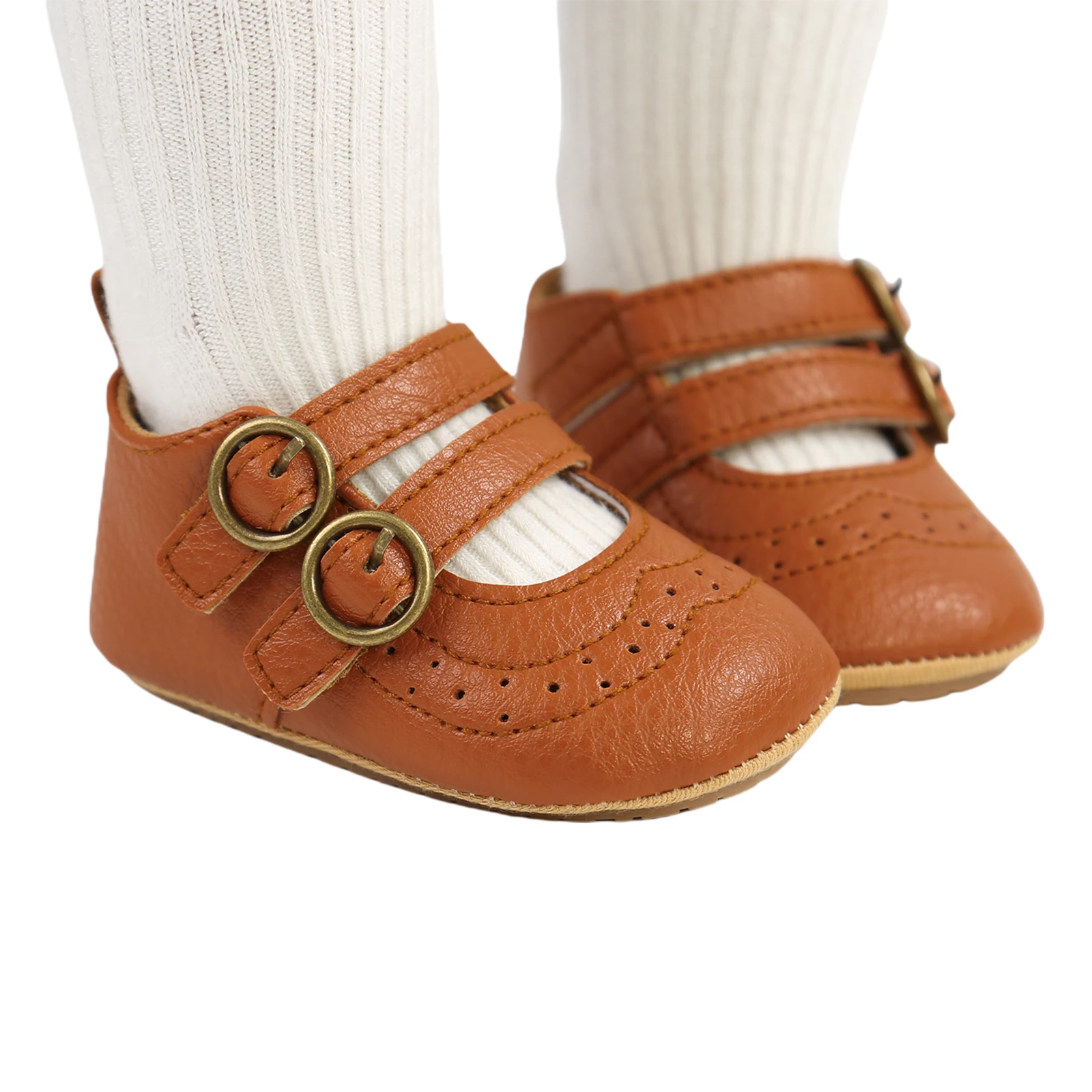 Baby Girls Boys Non-Slip PU First Walking Shoes, Buckle Strap Soft Sole Solid Infant Slip-on Sock Shoes 2