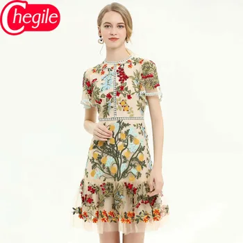 

New Women's Summer Dress 2020 Fashion Retro Heavy Embroidery Short Flare Sleeves Slim Mesh Hollow Out Party Midi Dress