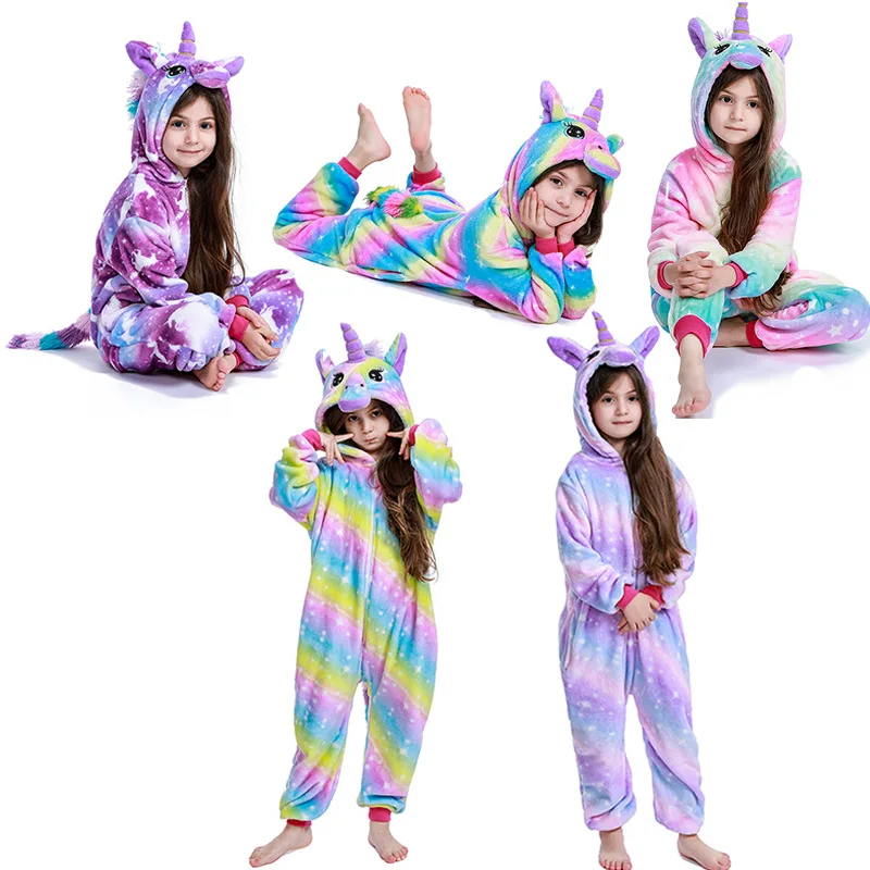 New Animal Wolf Kigurumi Pajamas For Children Boy Girls Unicorn Sleepwear Winter Colar Fleece Overalls Anime Onesie Kids Pyjamas