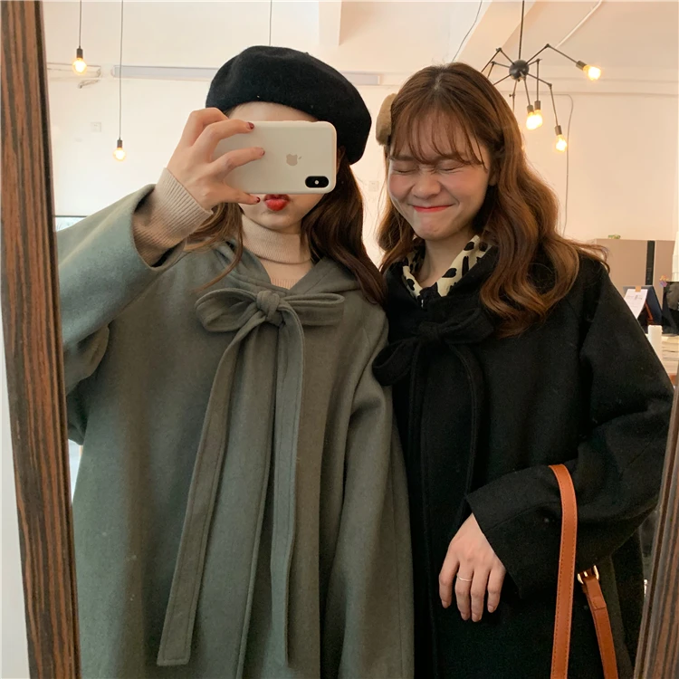 Цена нетто для фотосессии~ 9177# Han Dong Новое Стильное шерстяное пальто-плащ средней длины с капюшоном и бантом 2 цвета