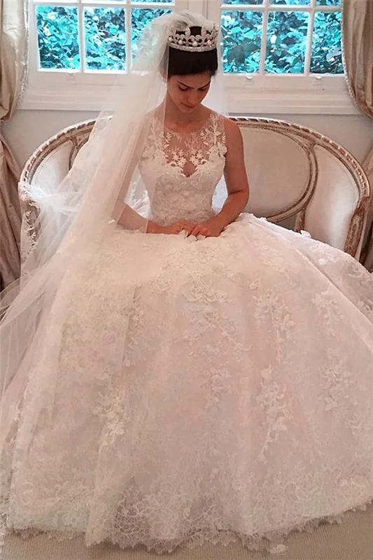 

Beautiful Full Lace Wedding Dress Sheer Neck Sleeveless Applique Wedding Ball Gown Button Back Sweep Train Bridal's Wedd