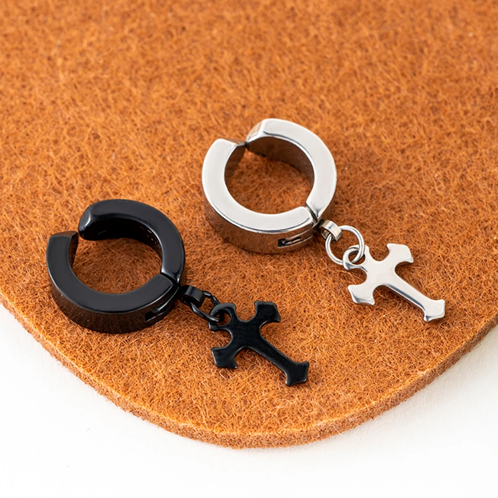 Male and Female Hip-hop Stainless Steel Clip Earrings Personality Simple Wild Cool Earrings Cross Pendant Punk Ear Clips hoop earrings stud earrings ear clip earrings clip earrings