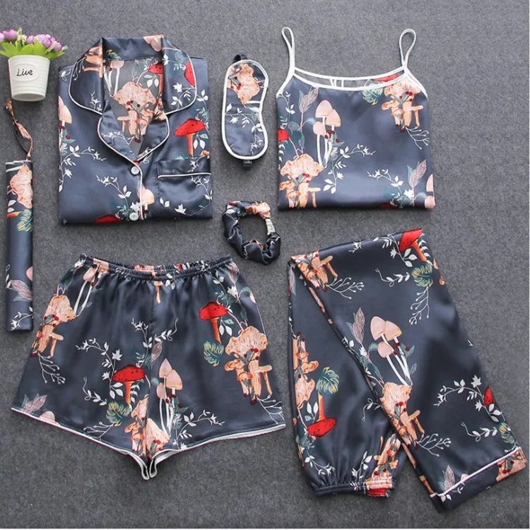 QWEEK Sleep Lounge женские летние атласные пижамы женские пижамы 7 шт. осенние шелковые пижамы с длинными рукавами Женский комплект дропшиппинг - Цвет: mogu
