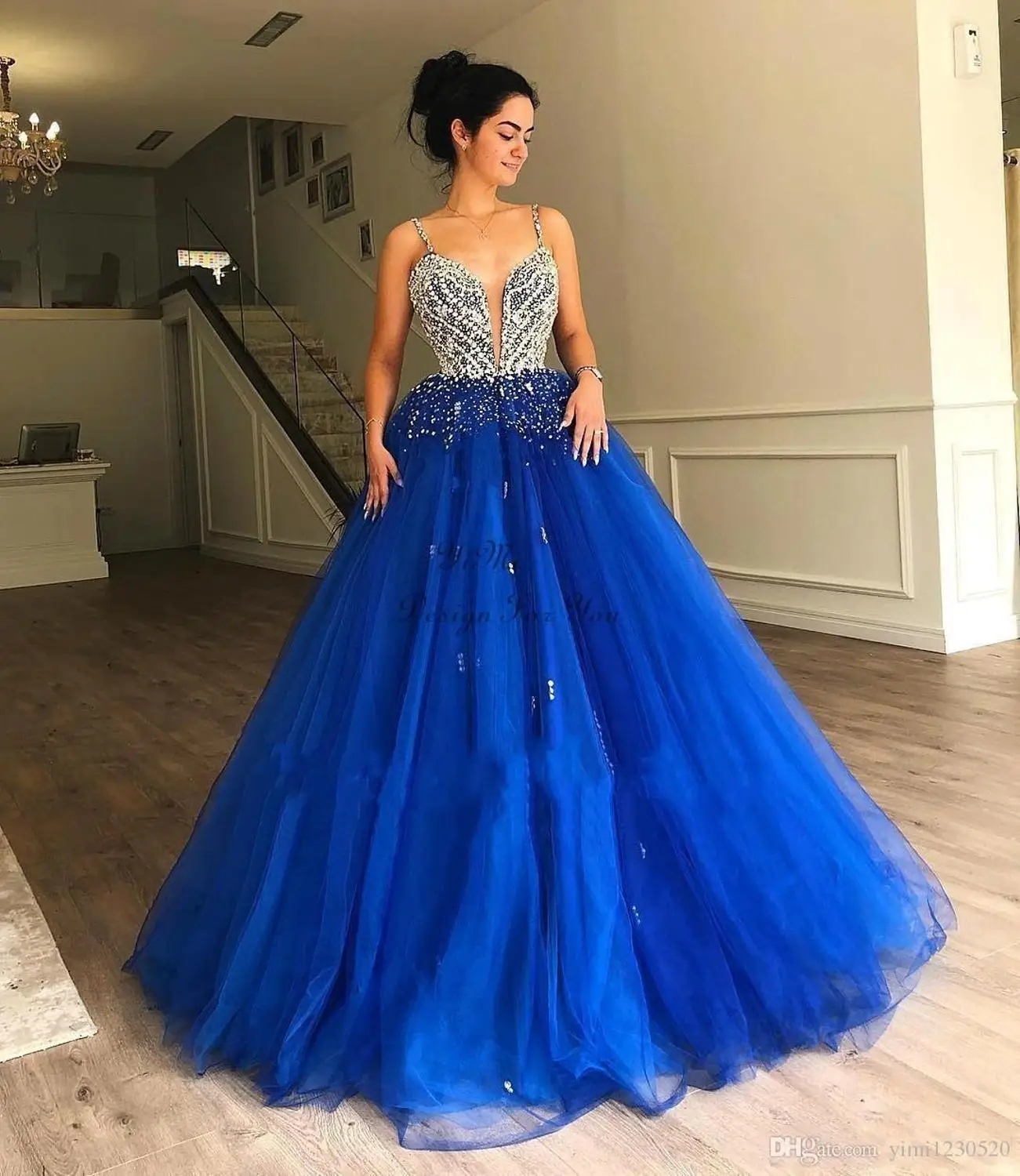 Синий Кристально синие Бальные платья спагетти с открытой спиной robe de bal Major Бисероплетение Вечерние платья бальное платье для vestidos de 15 - Цвет: Синий