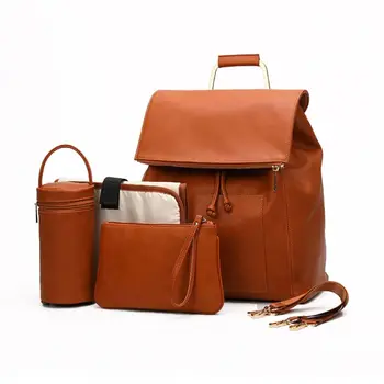 

5pcs Multifunctional Baby Diaper Mummy Leather Backpack Large Capacity Nappy Purse Bag Daypack with Insulated Pockets Chaning P