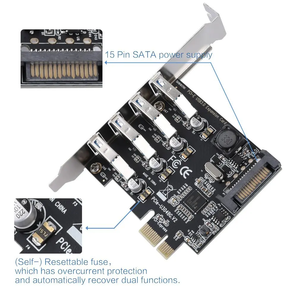 Description Picture 4 of itemPCIe USB adapter 4 Ports USB3.0 Expansion Card PCI-E PCI Express USB 3.0 Adapter Converter for PCIE x1 x4 x8 x16