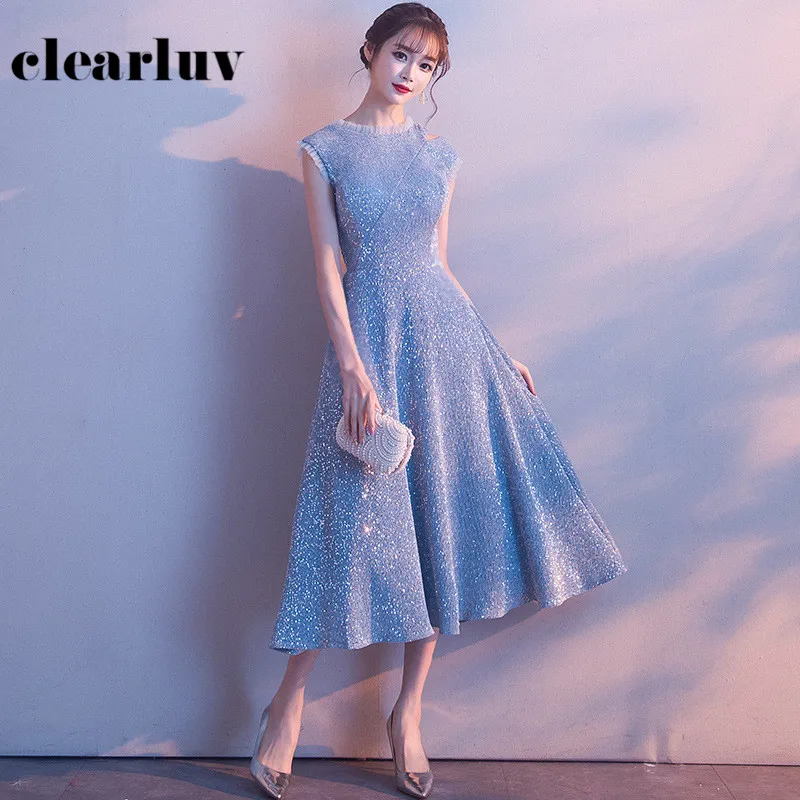 

A-Line Long Formal Evening Dresses R233 Blue Ruched Women Party Dress Sleeveless Tank Robe De Soiree Shining Elegant Vestidos