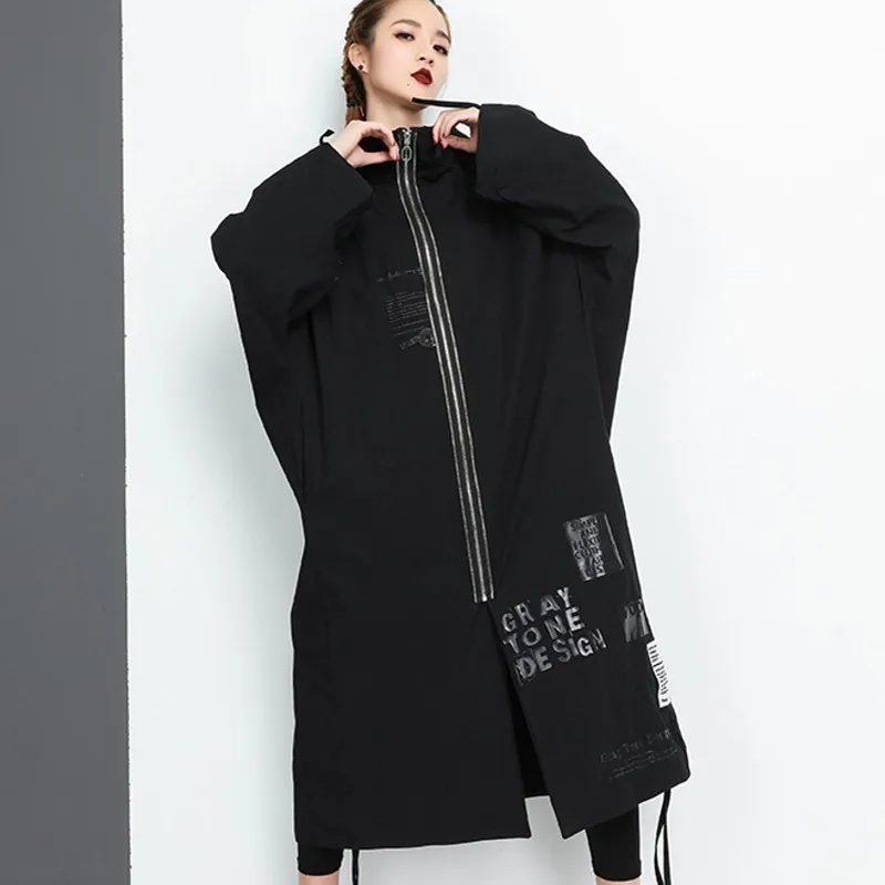 

100KG Long Women Coat Large Size European Hip Hop Trench Coat Fall Hooded Zipper Womens Windbreakers Black Straight Outerwear