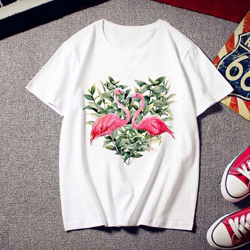 Flamingo beauty trendy T-shirt ladies print fashion 90s Harajuku short-sleeved T-shirt white retro summer T-shirt top