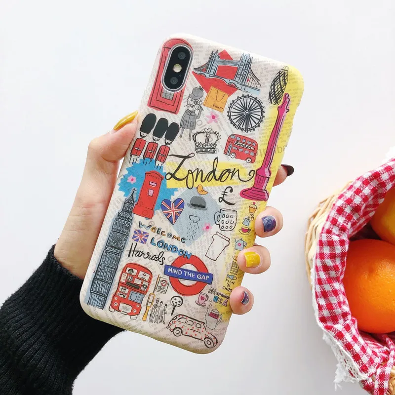 Retro London Cartoon Graffiti Mind Crown painting Phone case silicone cover for coque iPhone 7 7 Plus 8 6s Plus X XR xs max case