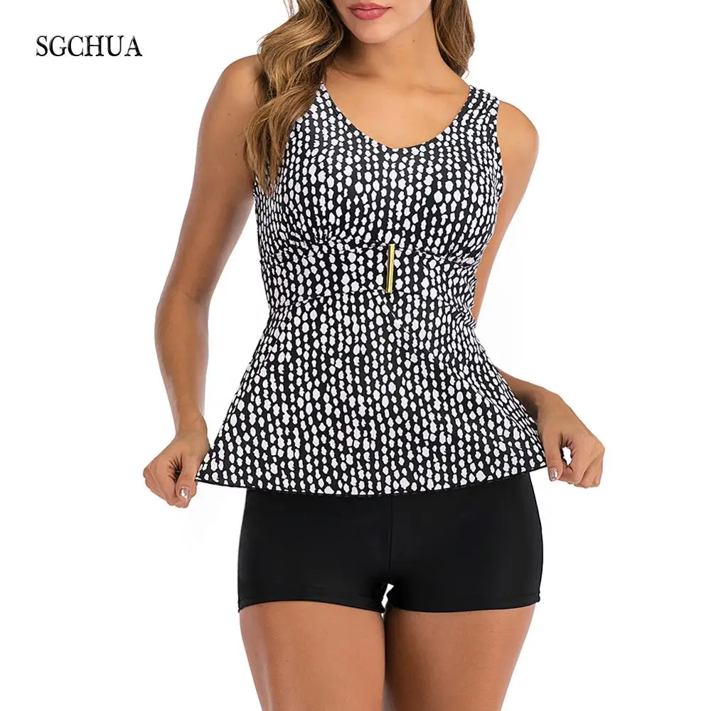 SGCHUA 2020 New Slim Belt Print Tankini White Black Plus SIze 5XL Two Piece Swimsuit Women Boxer Beach Separate Swimwear for Fat | Спорт и