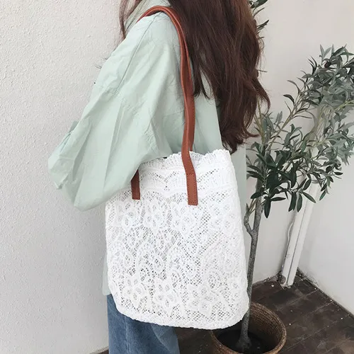 2021 New Summer Chic Girl Lace Shoulder Bag With Liner Package Women Handbag Female Tote Bags Big Capacity Foldable Beach Bag 