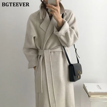 

BGTEEVER Winter Classic Female Woolen Overcoat Lapel Loose Lace-up Solid Color Full Sleeve Women Long Blend Coats 2020