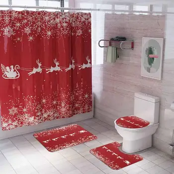 

Christmas Bath Curtain Bathroom Carpet Set Anti-slip Shower Mat Absorbent Elk Xmas Printed Mat Christmas Decorations for home #