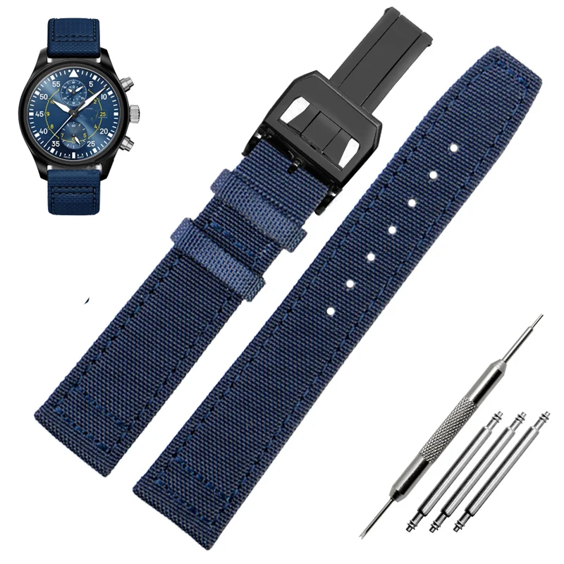 Green and Black Nylon Leather Watch Band Strap with Silver Pin Buckle - High Quality