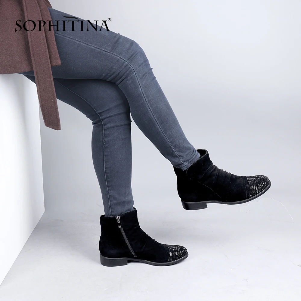 

SOPHITINA Winter Women Boots Round Toe Square Heel Low Ankle Bling Solid Casual Shoes Kid Suede Zipper Fashionable Boots SC639