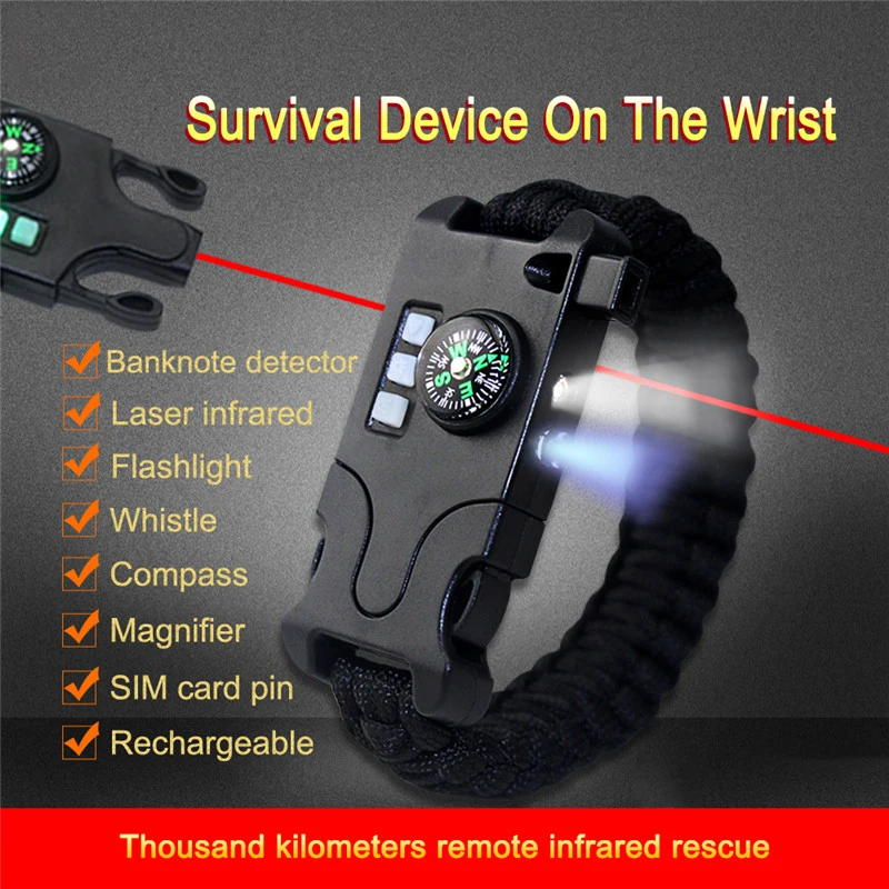 Outdoor 7 in 1 Hand-woven Rechargeable paracord Bracelet  LED Laser Flashlight Wristband Survival Infrared Equipment
