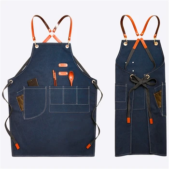 

2020 Canvas Aprons for Women Bibs Leather BBQ Chef Home Kitchen Dress Barber Hairdres Cafe Cook Waiter Custom logo Pinafore Gift