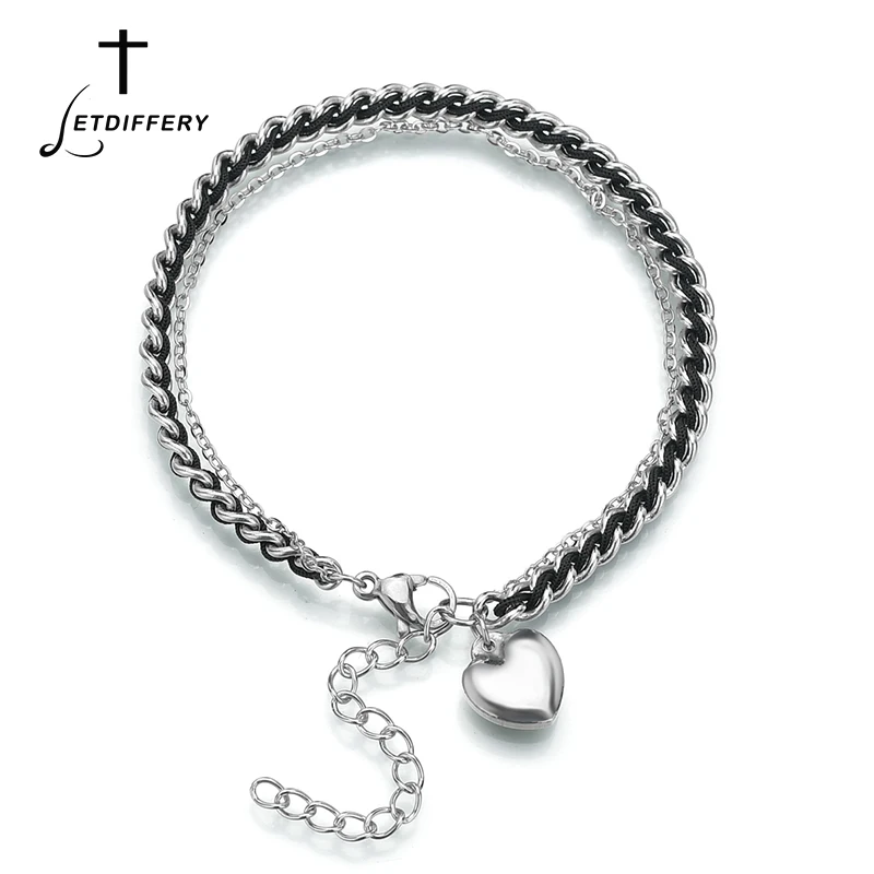 Letdiffery романтическая черная струна любовь сердце женские браслеты никогда не выцветает нержавеющая сталь 2 слоя браслет подарки на день рождения