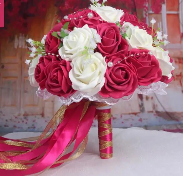 Bouquet da Sposa Romantico Rosso e Bianco Rosa Cristallo Bouquet Sposa Damigella dOnore Wedding Pearl Bouquet Fiore Artificiale Fiore Finto Beige + Blu Reale 