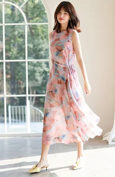 

Floral Print A-Line Dress Summer Gray Wrap Bow Tie Split Dress Streetwear Casual Dresses