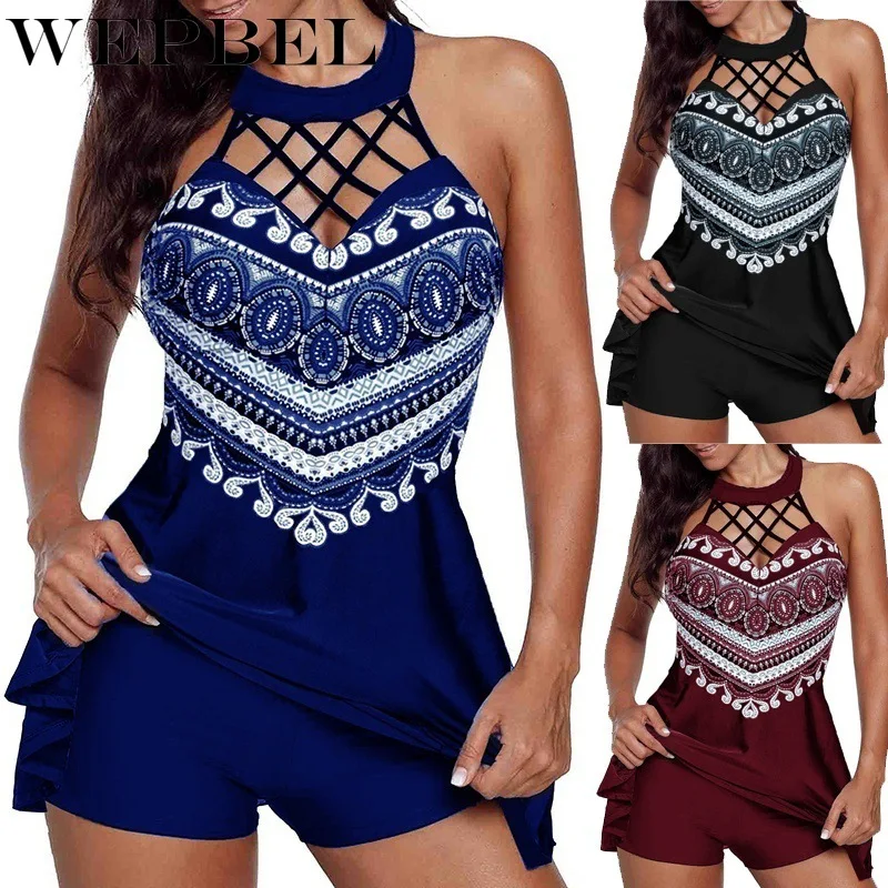 

WEPBEL Summer Halter Sleeveless Backless Printed Bikini Separates Dress Swimsuit Women