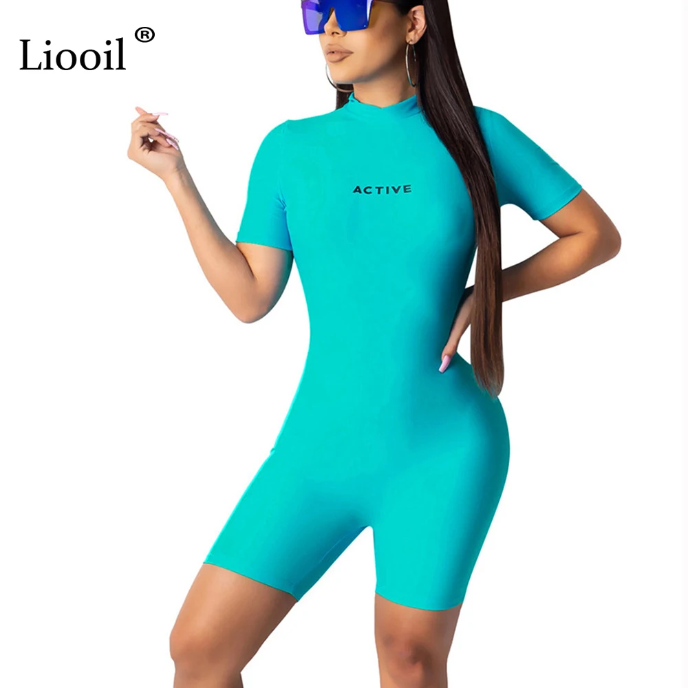 Liooil Letter Print Sexy Playsuit Women One Piece Tight Sporty Jumpsuit Short Sleeve Club Rompers Party Jumpsuits Shorts