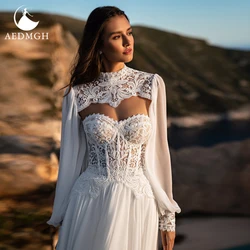 Aedmgh A-Line Beach Wedding Dresses 2021 Sweetheart Puff Long Sleeve Robe De Mariee Appliques Tulle Boho 2 In 1 Vestido De Novia