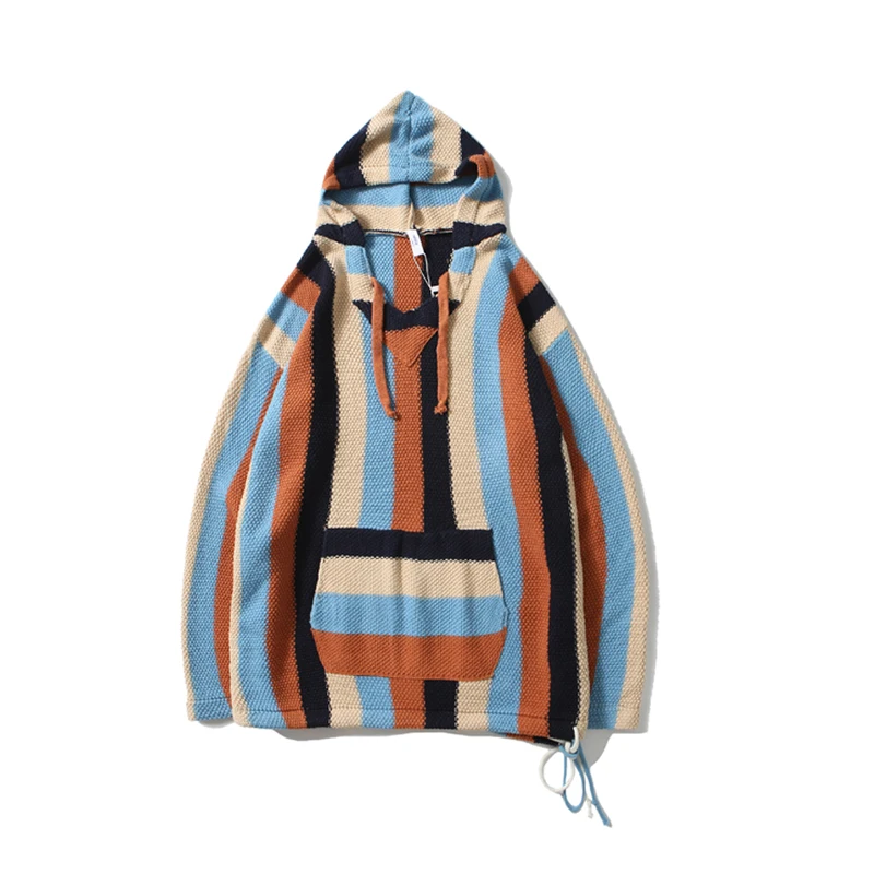 Shopping Online Custom Striped Knitted Bright Yellow Hoodies Pullover Sweater with Pocket |